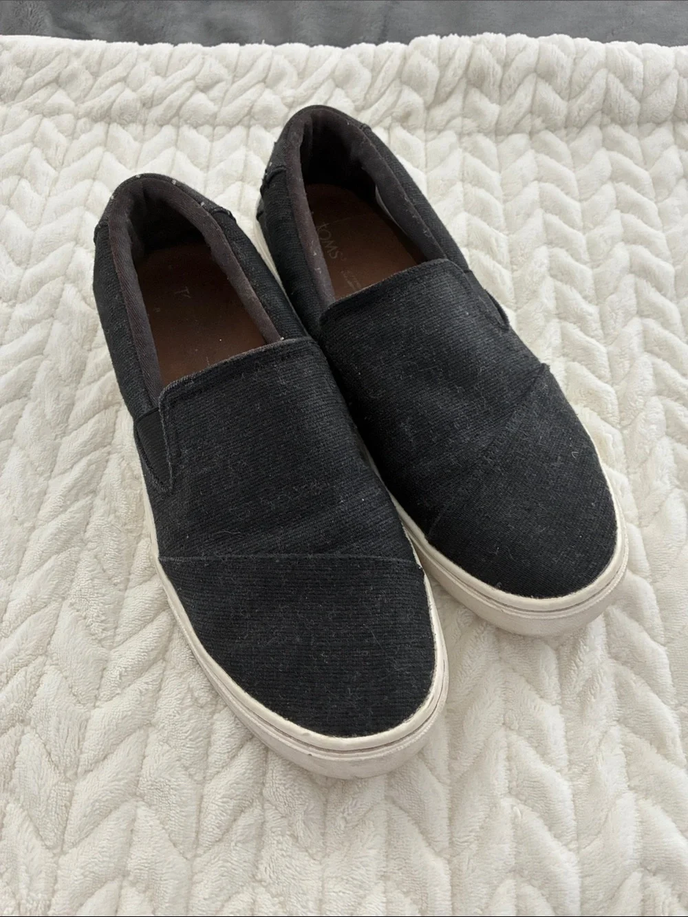 Toms Black Canvas Slip-On Loafers with White Sole Size 8